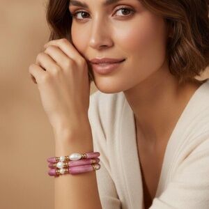 3PCS Set Pink Vintage Design Resin Elastic Bracelet Bamboo